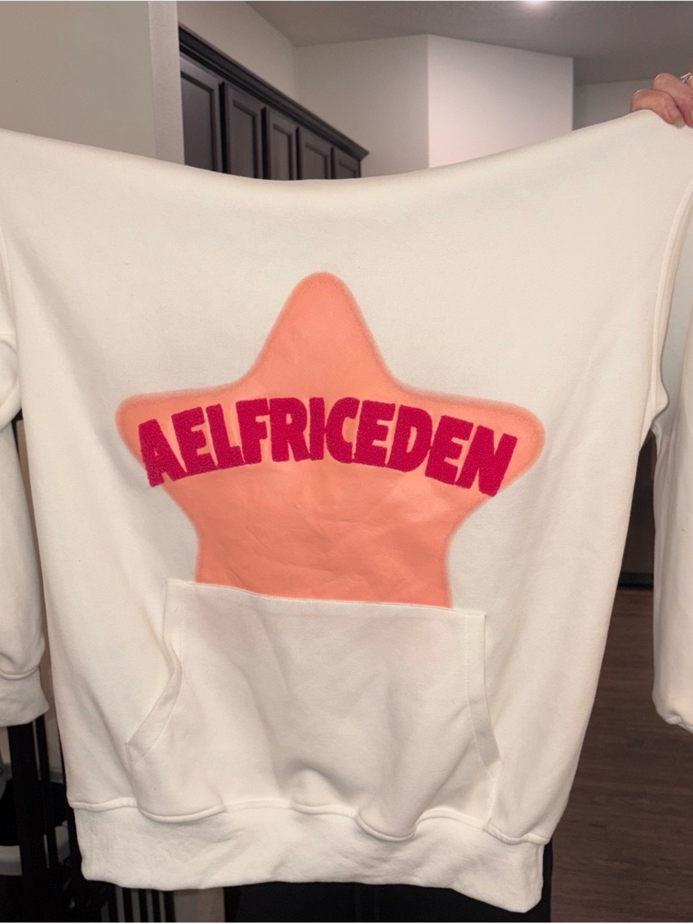 Aelfric Eden White Pullover Hoodie with Peach Star and Pink Logo